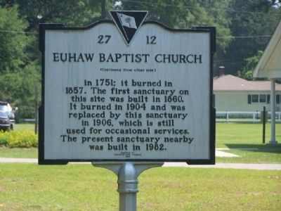Euhaw Baptist Church Marker </b>(reverse) image. Click for full size.