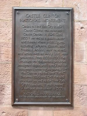 Castle Clinton National Monument Marker - right plaque image. Click for full size.