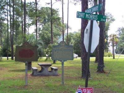 Sunbury Marker (right)at Brigantine Dunsmore Rd and Fort Morris Rd image. Click for full size.