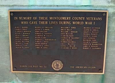 Montgomery County's Tribute to her Heroic Dead - "World War I". Click for full size. Montgomery County's Tribute to her Heroic Dead - "World War I" image. Click for full size.
