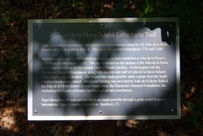 John De La Howe School Lethe Farm Trail Marker. Click for full size. John De La Howe School Lethe Farm Trail Marker image. Click for full size.
