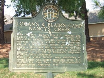 Logan's & Blair's Camp Nancy's Creek Marker. Click for full size. Logan's & Blair's Camp Nancy's Creek Marker image. Click for full size.