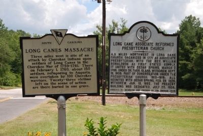 Long Cane Massacre and Long Associated Reformed Presbyterian Church Markers. Click for full size. Long Cane Massacre and Long Associated Reformed Presbyterian Church Markers image. Click for full size.