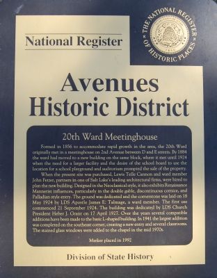 20th Ward Meetinghouse Marker. Click for full size. 20th Ward Meetinghouse Marker image. Click for full size.