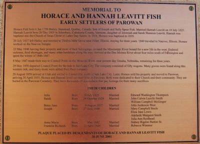 Memorial to Horace and Hannah Leavitt Fish Marker image. Click for full size.