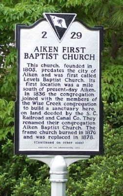 Aiken First Baptist Church Marker </b>(front) image. Click for full size.