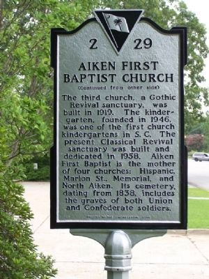 Aiken First Baptist Church Marker </b>(reverse). Click for full size. Aiken First Baptist Church Marker </b>(reverse) image. Click for full size.