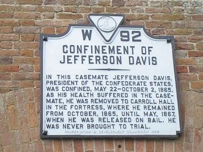 Confinement of Jefferson Davis Marker. Click for full size. Confinement of Jefferson Davis Marker image. Click for full size.