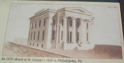 An 1835 sketch of St. George’s Hall in Philadelphia, PA. image. Click for full size.