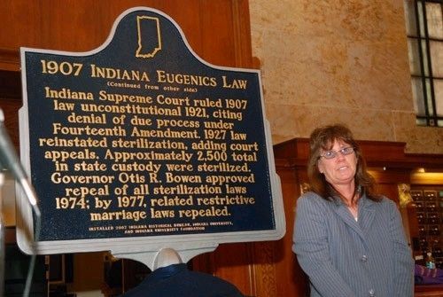 1907 Indiana Eugenics Law Marker with Linda Sparkman, sterilization survivor image. Click for full size.