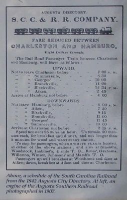 Above, a schedule of the South Carolina Railroad, shown on marker image. Click for full size.