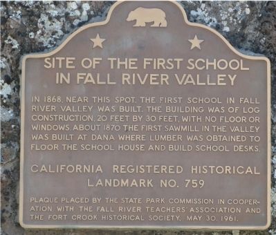 Site of First School in Fall River Valley Marker. Click for full size. Site of First School in Fall River Valley Marker image. Click for full size.