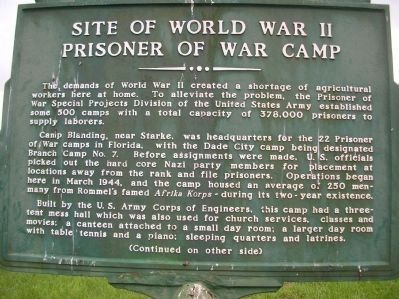 Site of World War II Prisoner of War Camp Marker </b>(front) image. Click for full size.