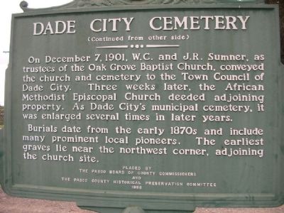 Dade City Cemetery Marker reverse image. Click for full size.