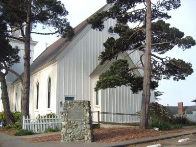 Mendocino Presbyterian Church Marker with Back of Church in Background image. Click for full size.