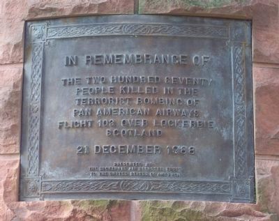 Pan American Airways Flight 103 Memorial Cairn Marker. Click for full size. Pan American Airways Flight 103 Memorial Cairn Marker image. Click for full size.