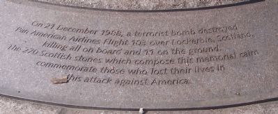 Pan American Airways Flight 103 Memorial Cairn Base Marker image. Click for full size.