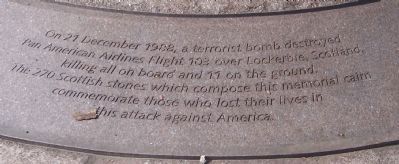 Pan American Airways Flight 103 Memorial Cairn Base Marker. Click for full size. Pan American Airways Flight 103 Memorial Cairn Base Marker image. Click for full size.