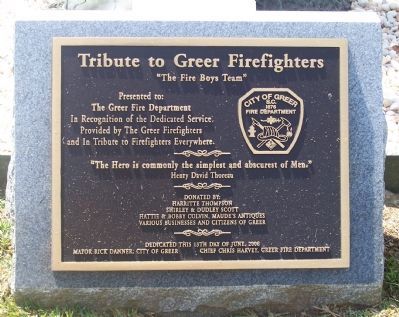 Tribute to Greer Firefighters Marker. Click for full size. Tribute to Greer Firefighters Marker image. Click for full size.