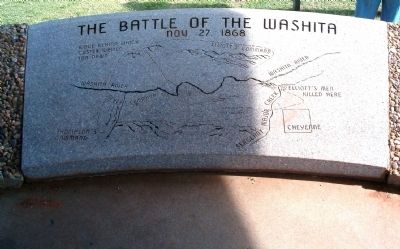 Washita Battlefield Site, plaque showing plan of battle image. Click for full size.