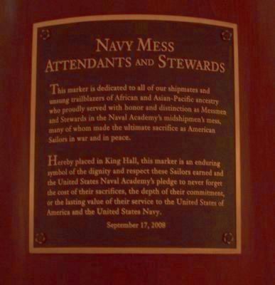 "Navy Mess Attendants and Stewards" Marker </b>(in the mess hall at the U.S. Naval Academy) image. Click for full size.
