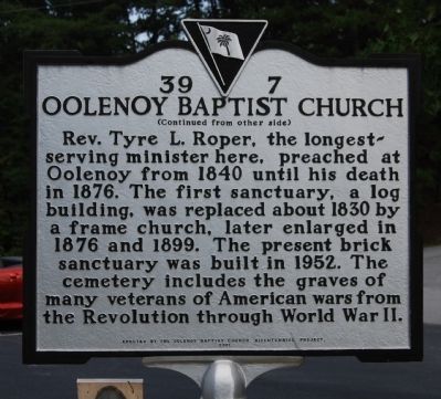 Oolenoy Baptist Church Marker - Reverse image. Click for full size.