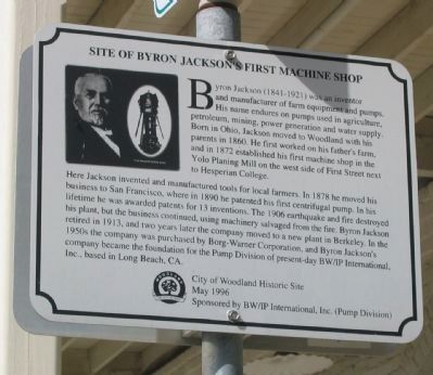 Site of Byron Jackson’s First Machine Shop Marker. Click for full size. Site of Byron Jackson’s First Machine Shop Marker image. Click for full size.