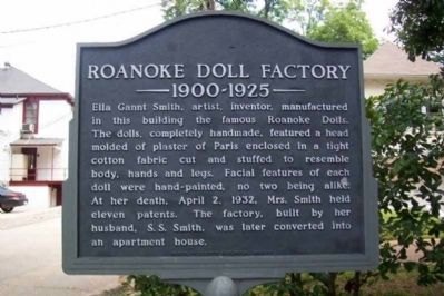 Roanoke Doll Factory, 1900-1925 Marker. Click for full size. Roanoke Doll Factory, 1900-1925 Marker image. Click for full size.