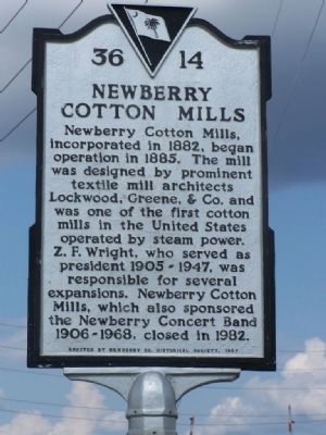 Newberry Cotton Mills Marker. Click for full size. Newberry Cotton Mills Marker image. Click for full size.