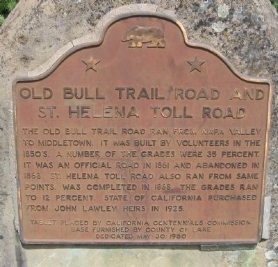 Old Bull Trail Road and St. Helena Toll Road Marker. Click for full size. Old Bull Trail Road and St. Helena Toll Road Marker image. Click for full size.