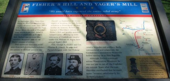 Fisher’s Hill and Yager’s Mill Marker image. Click for full size.