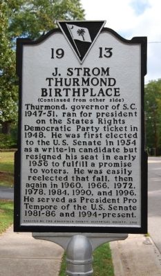 J. Strom Thurmond Birthplace Marker - Reverse image. Click for full size.