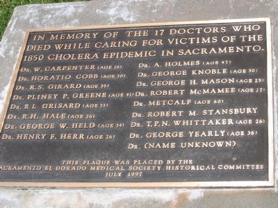 The 17 Doctors of the 1850 Sacramento Cholera Epidemic Marker image. Click for full size.