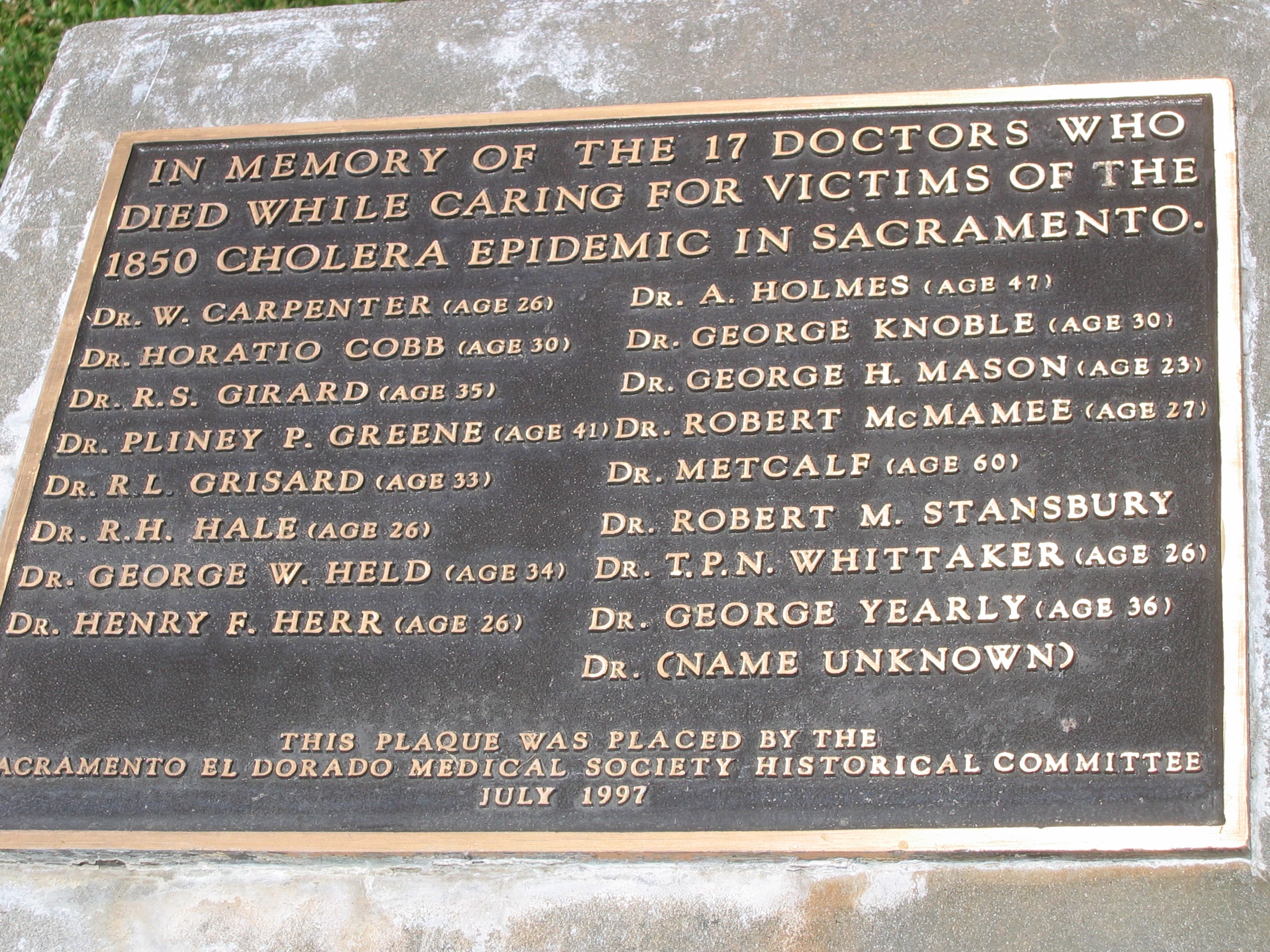 The 17 Doctors of the 1850 Sacramento Cholera Epidemic Marker