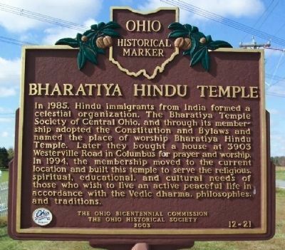 Bharatiya Hindu Temple Marker </b>(front). Click for full size. Bharatiya Hindu Temple Marker </b>(front) image. Click for full size.