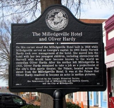 The Milledgeville Hotel and Oliver Hardy Marker. Click for full size. The Milledgeville Hotel and Oliver Hardy Marker image. Click for full size.