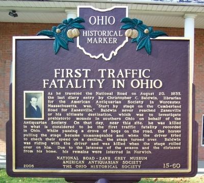 First Traffic Fatality in Ohio Marker (side A) image. Click for full size.