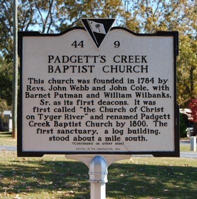 Padgett's Creek Baptist Church Marker - Front image. Click for full size.