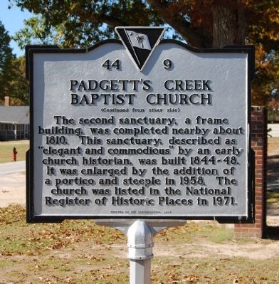 Padgett's Creek Baptist Church Marker - Reverse image. Click for full size.