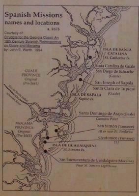 <i>[Upper marker picture]</i> Spanish Missions names and locations a. 1675 image. Click for full size.
