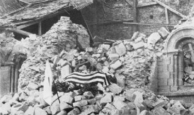 Howie's Flag Drapped Coffin on the rubble of St. Croix Church image. Click for full size.