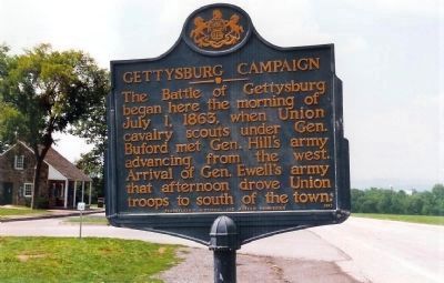 Gettysburg Campaign Marker,looking northwest along Chambersburg Pike (U.S. 30), image. Click for full size.