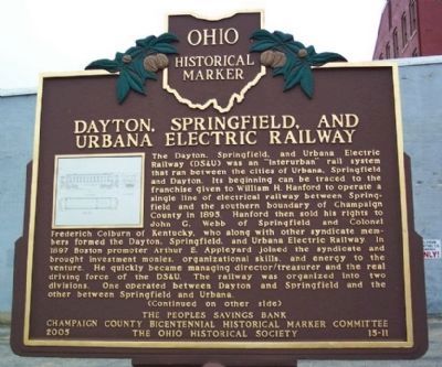 Dayton, Springfield, and Urbana Electric Railway Marker </b>(front) image. Click for full size.