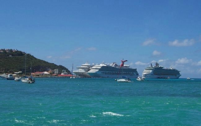 Cruise ships moored in Great Bay off Pointe Blanche, St. Maarten image. Click for full size.