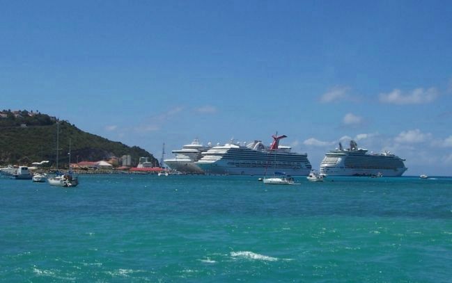 Cruise ships moored in Great Bay off Pointe Blanche, St. Maarten. Click for full size. Cruise ships moored in Great Bay off Pointe Blanche, St. Maarten image. Click for full size.