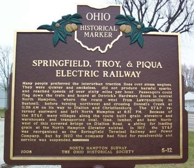 Springfield, Troy, & Piqua Electric Railway Marker </b>(reverse) image. Click for full size.