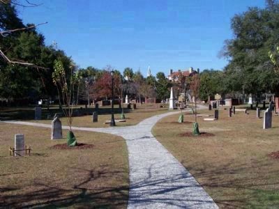 Colonial Park Cemetery, looking west, with the Savannah skyline in the background image. Click for full size.