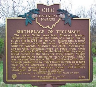 Birthplace of Tecumseh Marker </b>(front) image. Click for full size.