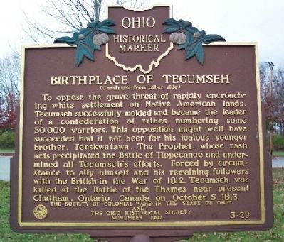 Birthplace of Tecumseh Marker </b>(reverse) image. Click for full size.