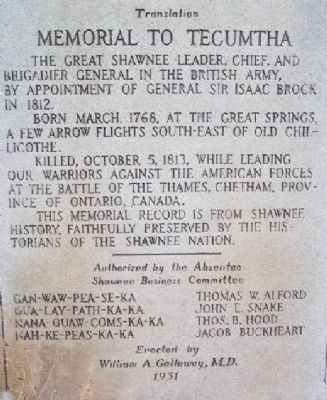 Memorial to Tecumtha. Click for full size. Memorial to Tecumtha image. Click for full size.